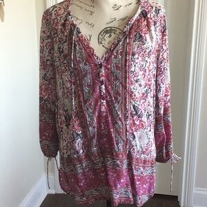 Lucky Brand Red, Plum, Blue, Gray and White Floral Bohemian button down Top Sz M